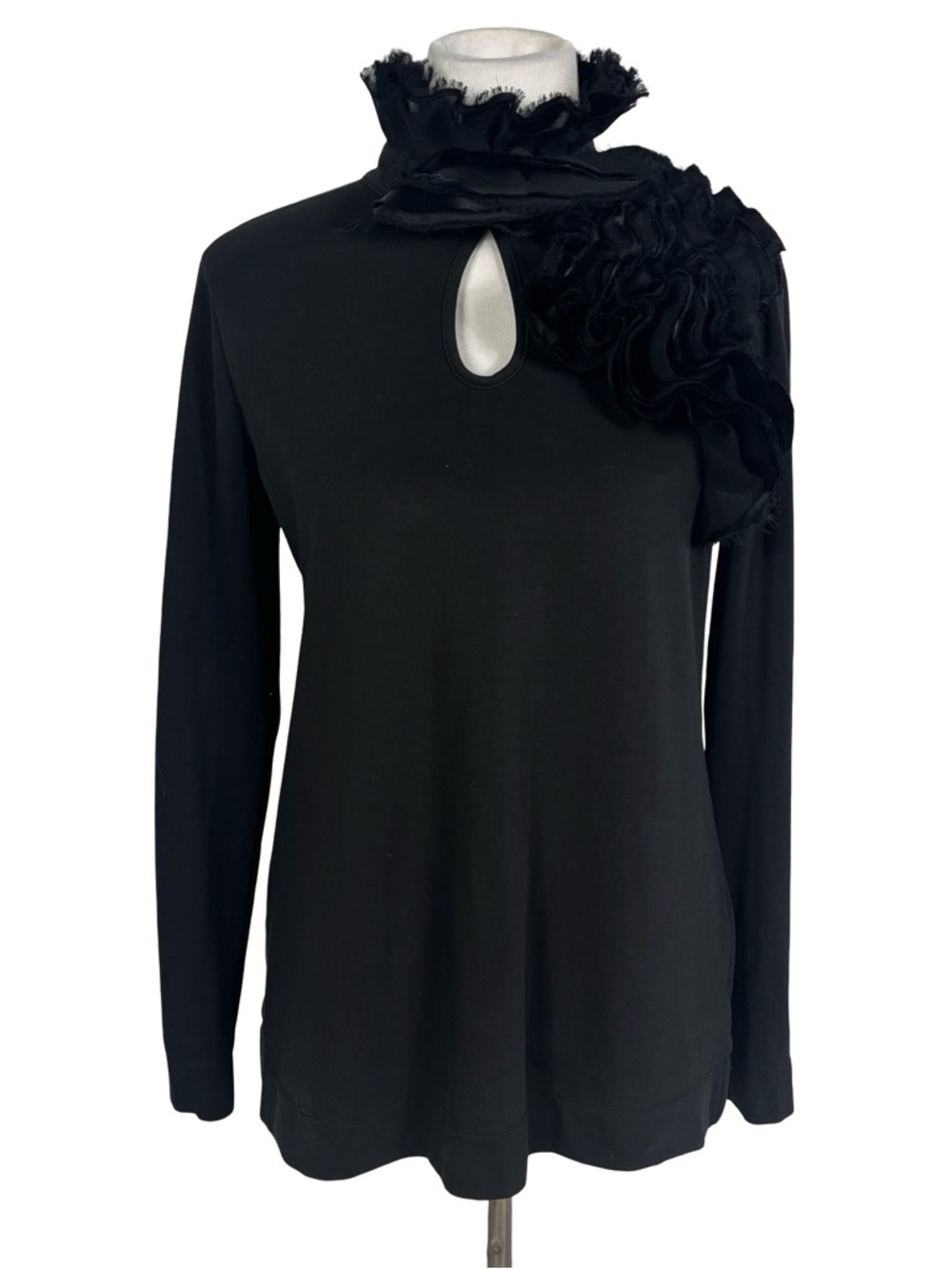 Soft Surroundings Label Noir Black Ruffle Neck Top Keyhole Blouse Size M